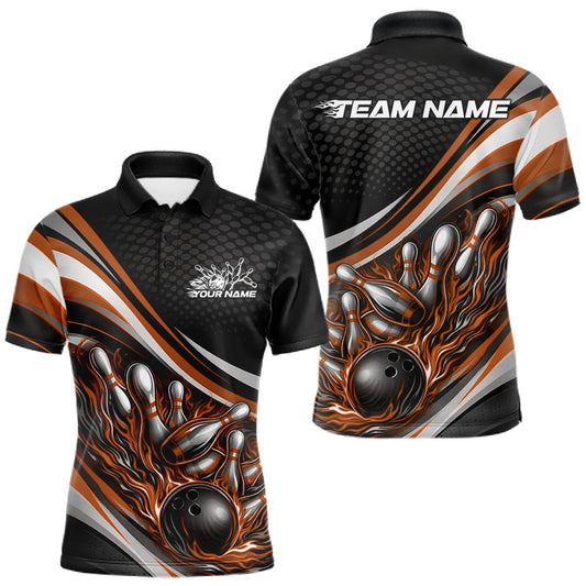 Maxcorners Custom Orange Flame Bowling Men Polo Shirt, Bowling Team League Shirt Bowler Jerseys LM1705