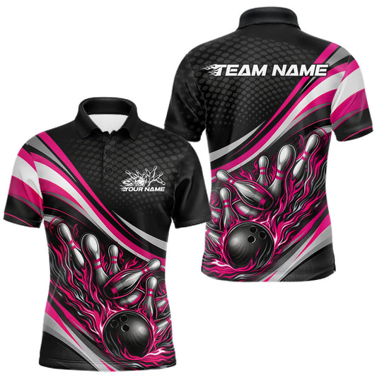 Maxcorners Custom Pink Flame Bowling Men Polo Shirt, Bowling Team League Shirt Bowler Jerseys LM1705