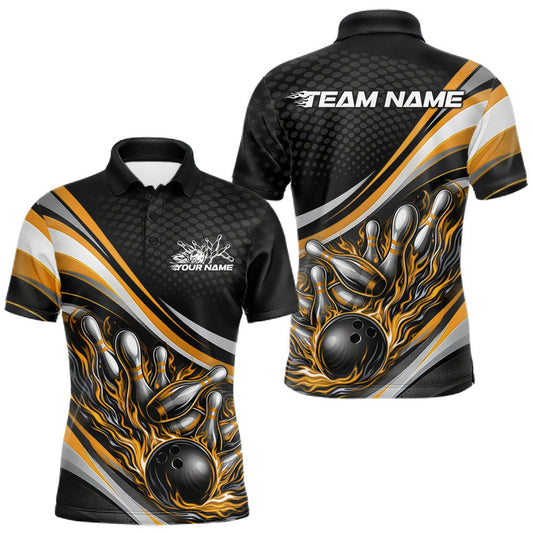 Maxcorners Custom Yellow Flame Bowling Men Polo Shirt, Bowling Team League Shirt Bowler Jerseys LM1705