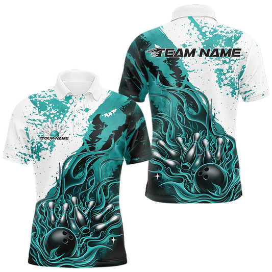 Maxcorners Custom Turquoise Blue Flame Bowling Men Polo Shirt, Bowling League Shirt Bowler Jerseys
