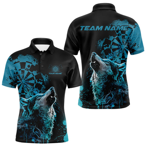Maxcorners Custom Black And Blue Splatter Grunge Dart Wolf Men Polo Shirts, Wolf Dart Team Jerseys MT1110