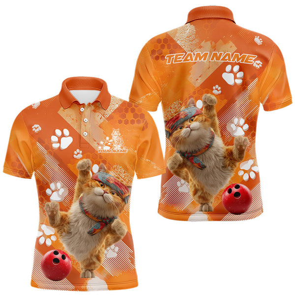 Maxcorners Custom Funny Orange Cat Bowling Men Polo Shirt, Cute Team Cat Paw Bowling Shirt MT0811