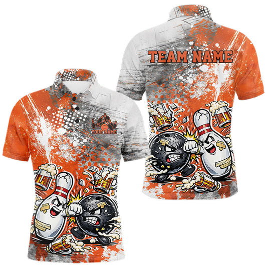 Maxcorners Custom Angry Bowling Ball And Pin Fight Funny Shirt, Orange Bowling And Beer Shirt LM1104