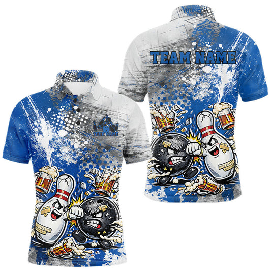 Maxcorners Custom Angry Bowling Ball And Pin Fight Funny Shirt, Blue Bowling And Beer Shirt LM1104