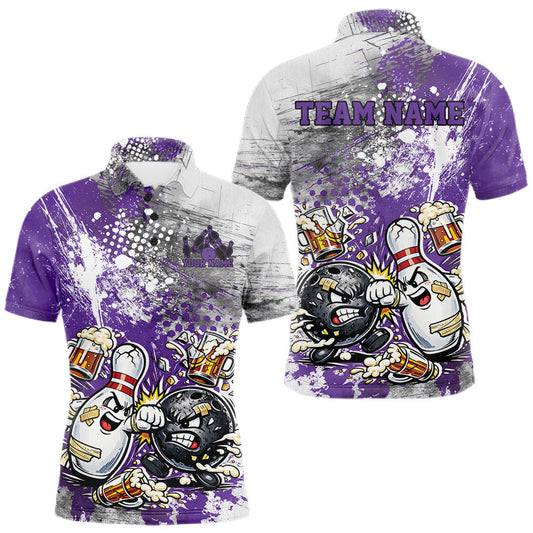 Maxcorners Custom Angry Bowling Ball And Pin Fight Funny Shirt, Purple Bowling And Beer Shirt LM1104