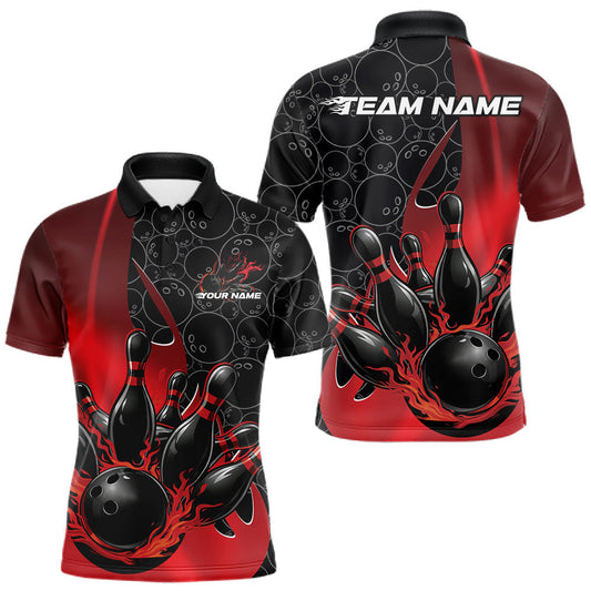 Maxcorners Custom Black And Red Flame Bowling Team Men Polo Shirt, Bowling Ball Pattern Jerseys