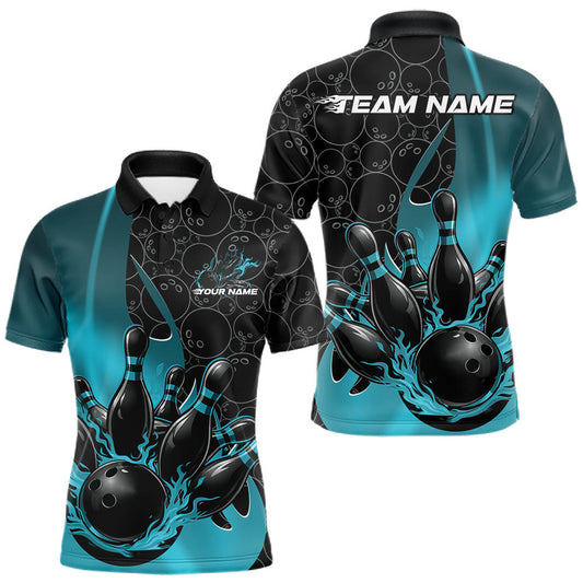 Maxcorners Custom Black And Blue Flame Bowling Team Men Polo Shirt, Bowling Ball Pattern Jerseys