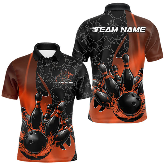 Maxcorners Custom Black And Orange Flame Bowling Team Men Polo Shirt, Bowling Ball Pattern Jerseys