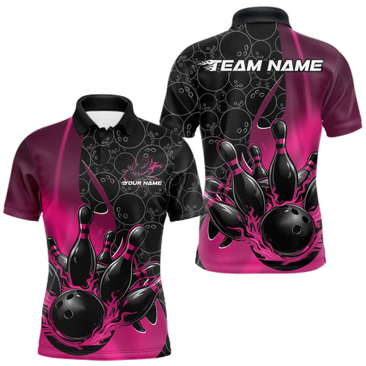 Maxcorners Custom Black And Pink Flame Bowling Team Men Polo Shirt, Bowling Ball Pattern Jerseys