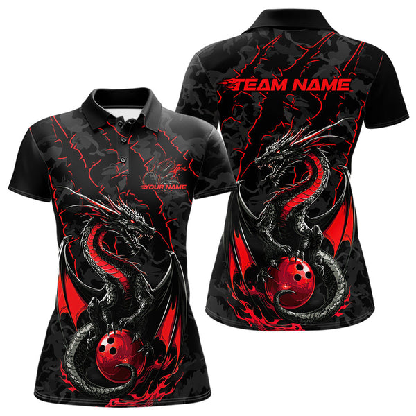Maxcorners Custom Gray And Red Camo Dragon Claws Bowling Men Polo Shirts, Team Bowling Jerseys MT1309