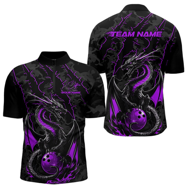 Maxcorners Custom Gray And Purple Camo Dragon Claws Bowling Men Polo Shirts, Team Bowling Jerseys MT1309