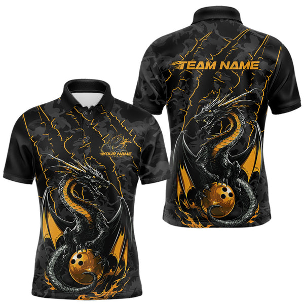 Maxcorners Custom Gray And Yellow Camo Dragon Claws Bowling Men Polo Shirts, Team Bowling Jerseys MT1309