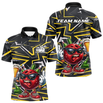 Maxcorners Custom Funny Bowling Ball Drink Beer Bowling Men Polo Shirt, Yellow Bowling Team Shirt LM1411