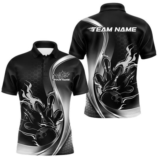 Maxcorners Custom Black And Gray Flame Bowling Men Jerseys, Bowling League Shirt Bowlers Jerseys