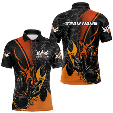 Maxcorners Custom Orange Flame Bowling Pattern Bowling Men Polo Shirt, Bowling Team League Shirt LM1903