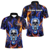 Maxcorners Custom Blue And Yellow Fire Flame Skull Bowling Men Polo Shirts, Hallloween Bowler Outfit LM1809
