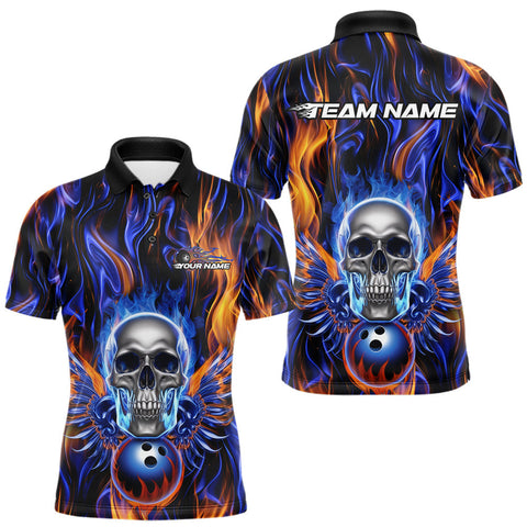 Maxcorners Custom Blue And Yellow Fire Flame Skull Bowling Men Polo Shirts, Hallloween Bowler Outfit LM1809