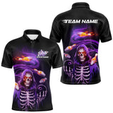 Maxcorners Custom Purple Flame Skeleton Grim Reaper Bowling Men Polo Shirt, Halloween Bowling Jersey MT2009