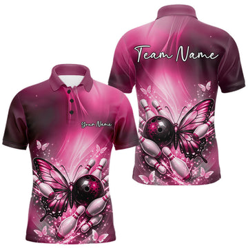 Maxcorners Custom Purple Butterfly Bowling Team Men Polo Shirt, Bowling League Shirt