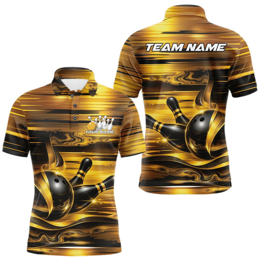 Maxcorners Personalized Gold And Black Men Polo Shirt Featuring Glossy Bowling Ball And Pins LM2806