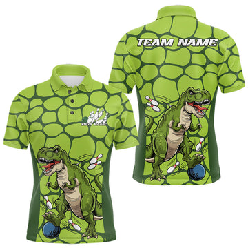 Maxcorners Custom Green Dinosaur Bowling Team Men Polo Shirt, Bowling Tournament Team Shirt LM1903