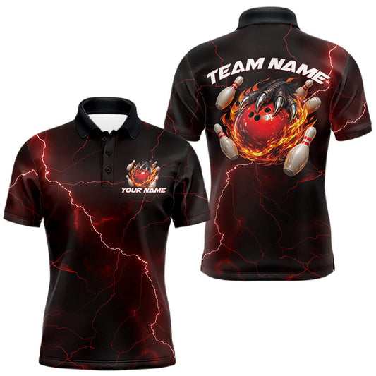 Maxcorners Custom Black And Red Lightning Montrous Flame Bowling Tournament Men Polo Team Shirt
