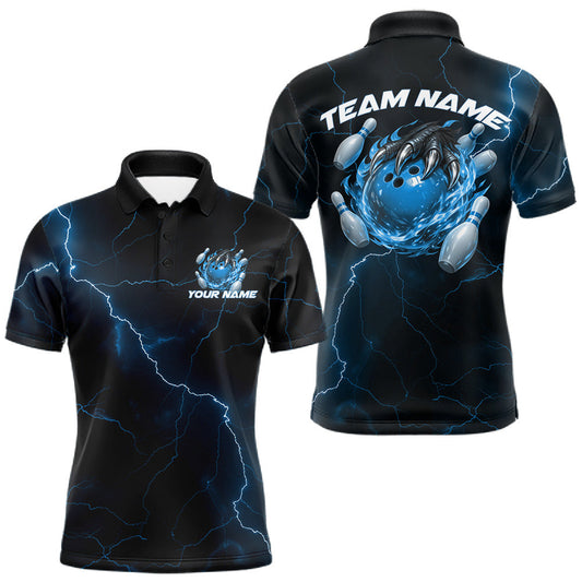 Maxcorners Custom Black And Blue Lightning Montrous Flame Bowling Tournament Men Polo Team Shirt