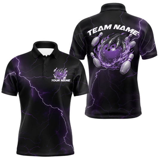 Maxcorners Custom Black And Purple Lightning Montrous Flame Bowling Tournament Men Polo Team Shirt