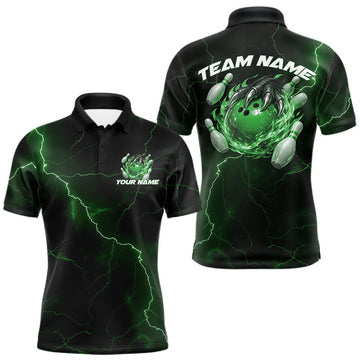 Maxcorners Custom Black And Green Lightning Montrous Flame Bowling Tournament Men Polo Team Shirt