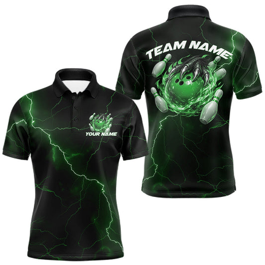 Maxcorners Custom Black And Green Lightning Montrous Flame Bowling Tournament Men Polo Team Shirt