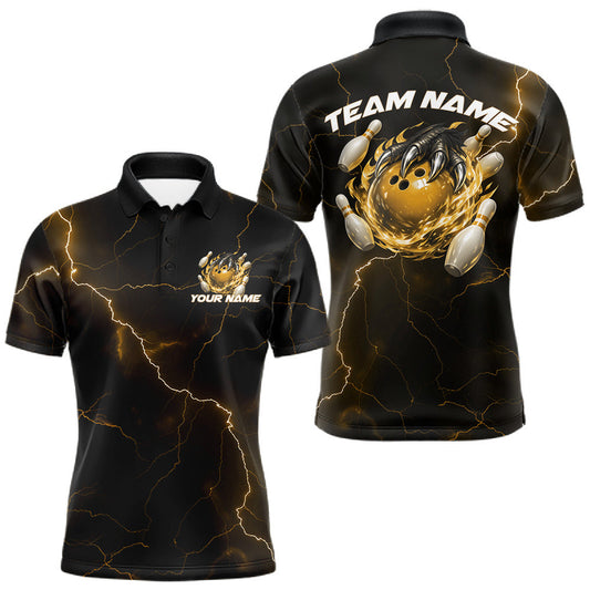 Maxcorners Custom Black And Yellow Lightning Montrous Flame Bowling Tournament Men Polo Team Shirt