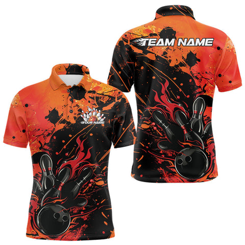 Maxcorners Custom Red Orange Flame Bowling Men Polo Shirts, Splatter Bowling Team Tournament Shirt LM2509