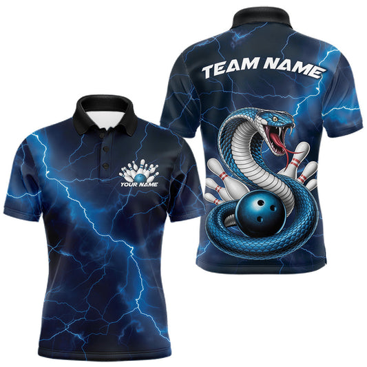 Maxcorners Custom Blue Lightning Cobra Bowling Men Polo Shirt, Bowling Tournament Team Shirt