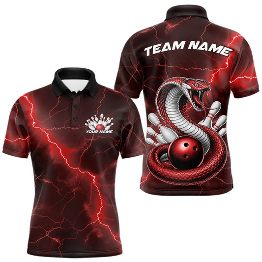 Maxcorners Custom Red Lightning Cobra Bowling Men Polo Shirt, Bowling Tournament Team Shirt