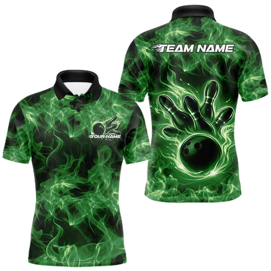 Maxcorners Custom Green Flame Bowling Men Polo Team Shirt, Bowling Tournament Shirt LM1104