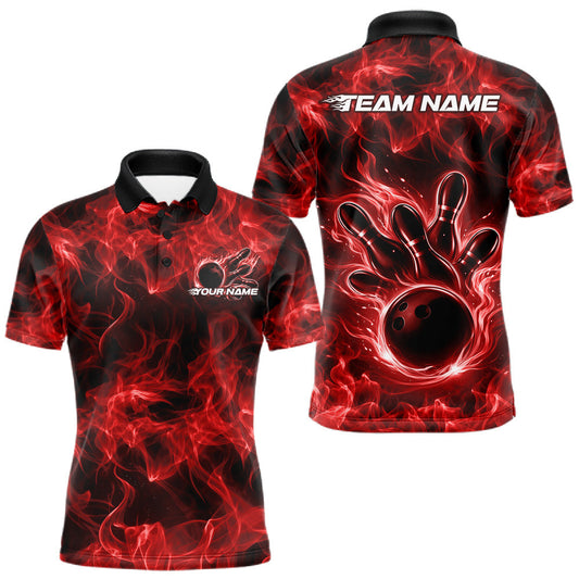 Maxcorners Custom Red Flame Bowling Men Polo Team Shirt, Bowling Tournament Shirt LM1104