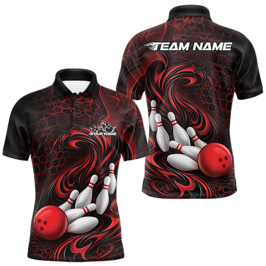 Maxcorners Custom Black And Red Tribal Flame Men Bowling Team Shirt, Polygonal Bowling Jerseys LM2704