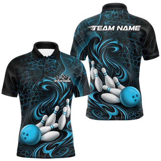 Maxcorners Custom Black And Blue Tribal Flame Men Bowling Team Shirt, Polygonal Bowling Jerseys LM2704