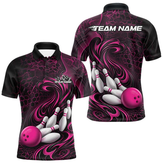 Maxcorners Custom Black And Pink Tribal Flame Men Bowling Team Shirt, Polygonal Bowling Jerseys LM2704
