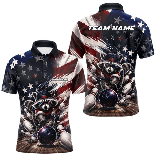 Maxcorners Personalized Patriotic Raccoon Bowling Men Polo Shirt With American Flag Design LM2806