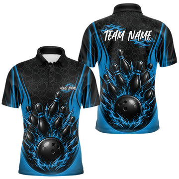 Maxcorners Custom Black And Blue Fire Flame Bowling Jerseys, Bowling Men Polo Shirts LM0208