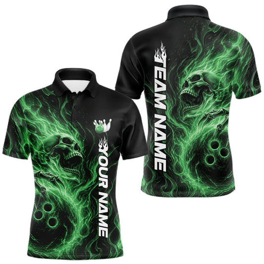 Maxcorners Custom Green Flame Skull Bowling Men Polo Shirts, Gothic Halloween Team Bowling Outfit LM2704
