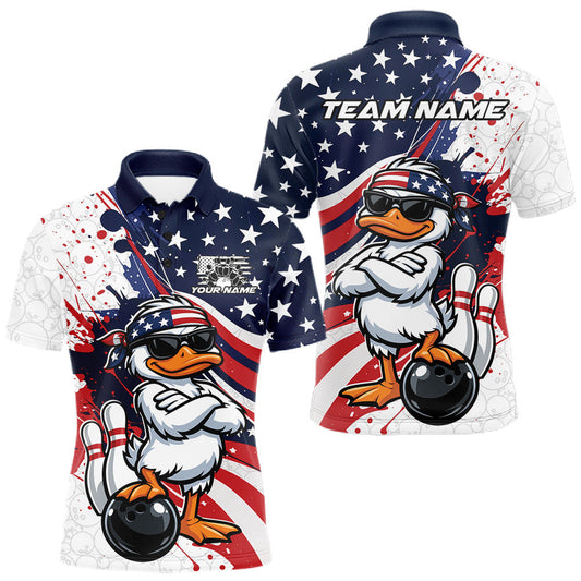 Maxcorners Custom Patriotic Funny White Duck Bowling Men Polo Shirt, US Flag Bowling Jerseys LM1104