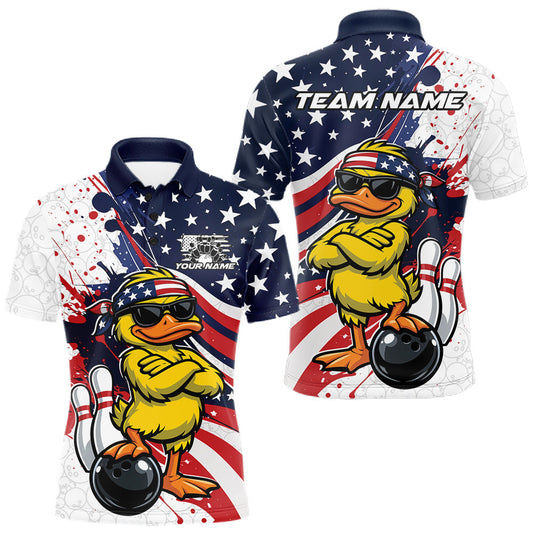 Maxcorners Custom Patriotic Funny Yellow Duck Bowling Men Polo Shirt, US Flag Bowling Jerseys LM1104