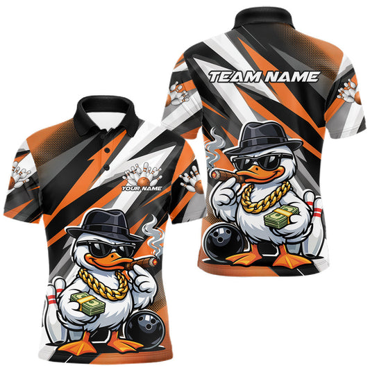 Maxcorners Custom Funny White Boss Duck Bowling Men Polo Shirt, Cool Duck Bowling Team Jerseys LM1104