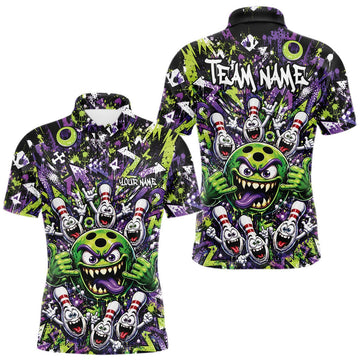 Maxcorners Custom Funny Monster Bowling Ball And Pins Men Polo Shirt, Halloween Bowling Jerseys LM0607