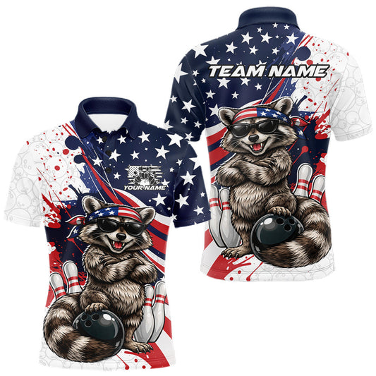 Maxcorners Custom Patriotic Funny Racoon Bowling Men Polo Shirt, US Flag Bowling Jerseys LM1104