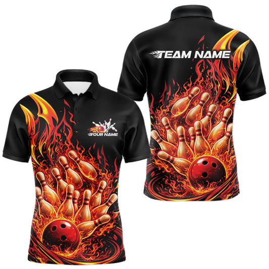 Maxcorners Custom Red Fire Flame Bowling Men Polo Shirts, Bowling Team League Shirt LM1104