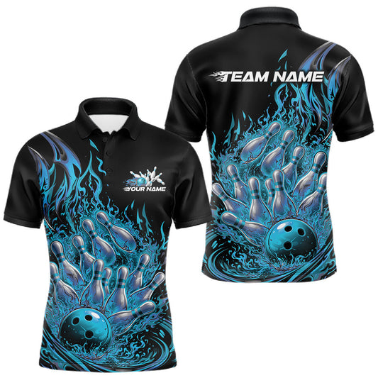 Maxcorners Custom Blue Fire Flame Bowling Men Polo Shirts, Bowling Team League Shirt LM1104