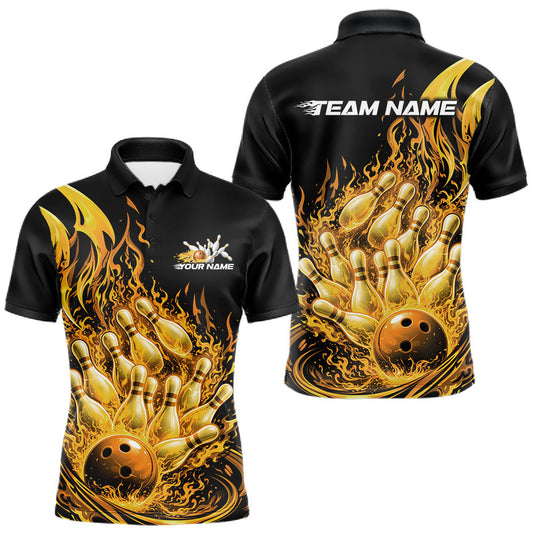 Maxcorners Custom Yellow Fire Flame Bowling Men Polo Shirts, Bowling Team League Shirt LM1104